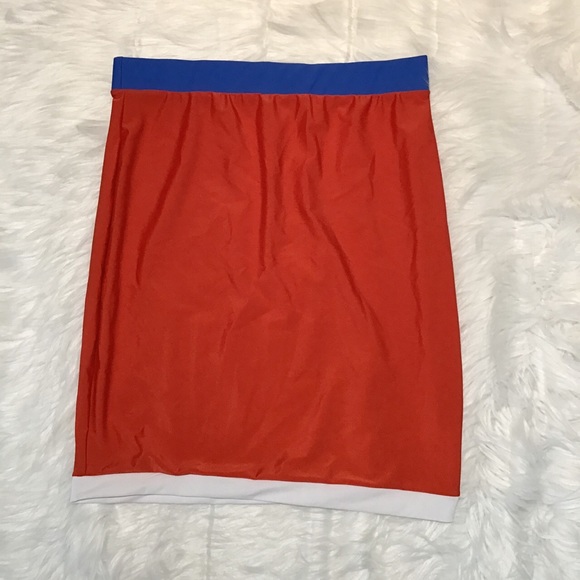 Women’s Red with Blue Gartered Waistband White Hem Straight Cut Skirt - Picture 1 of 4